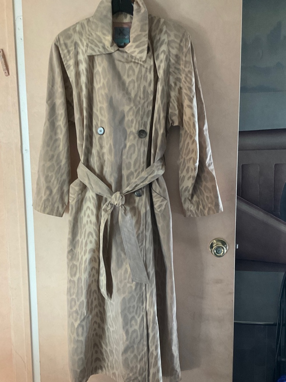 Drizzle Beige Leopard Print Long Trench Style Raincoat with Belt, Size 6